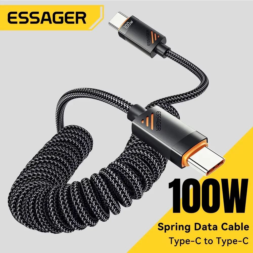 Essager 100W PD Fast Charging Spring Type-C Cable for iPhone 17/16/15 Pro, Samsung, MacBook, iPad - Durable Retractable USB-C to USB-C Cord for Data Transfer and Power Delivery