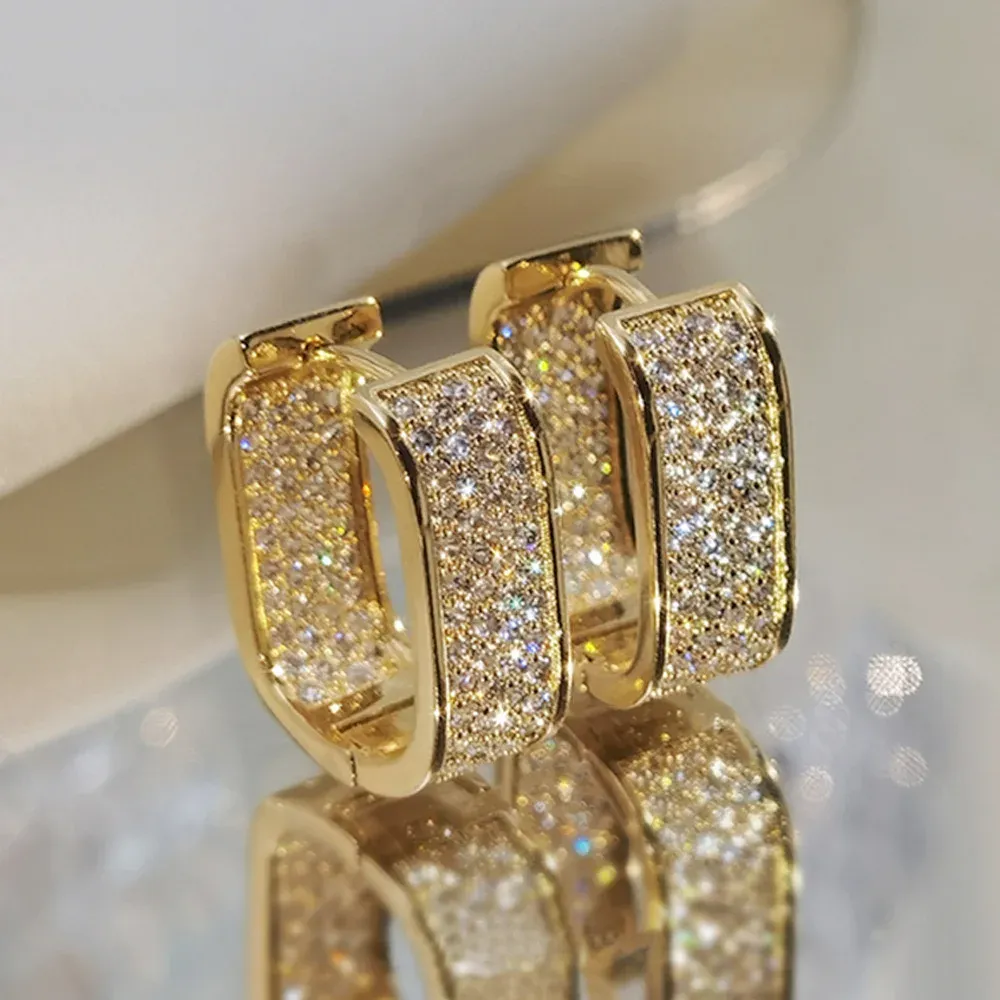 Luxury Zircon Geometric Square Hoop Earrings for Women - Gold Color Stainless Steel Korean Fashion Jewelry Gift