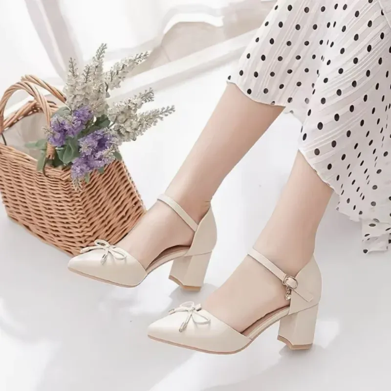 Women's Pointed Toe Chunky Heel Sandals with Bowknot - Elegant Dress Shoes for Office, Party, Wedding, and Casual Wear thumbnail 3