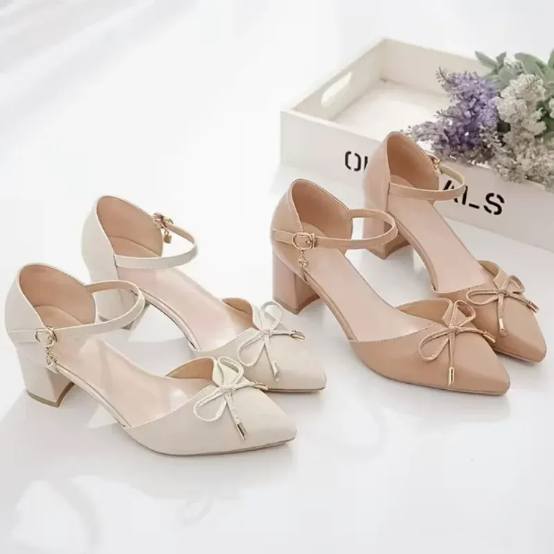 Women's Pointed Toe Chunky Heel Sandals with Bowknot - Elegant Dress Shoes for Office, Party, Wedding, and Casual Wear showcase 3