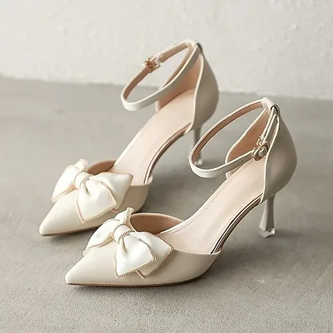 Elegant Women's White Designer Stiletto Heels - Pointed Toe Butterfly Dress Shoes for Weddings & Parties, Medium Heel, Trendy Bridal Footwear