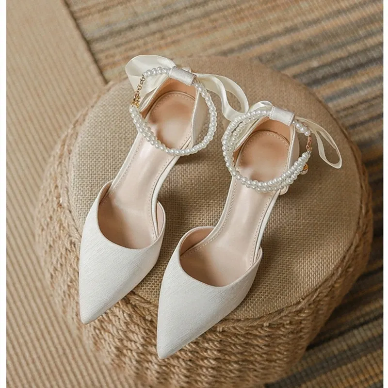 Elegant Pearl Embellished Satin Chunky High Heel Pumps with Adjustable Ankle Strap - Bridal Dress Work Shoes for Women - Image 3