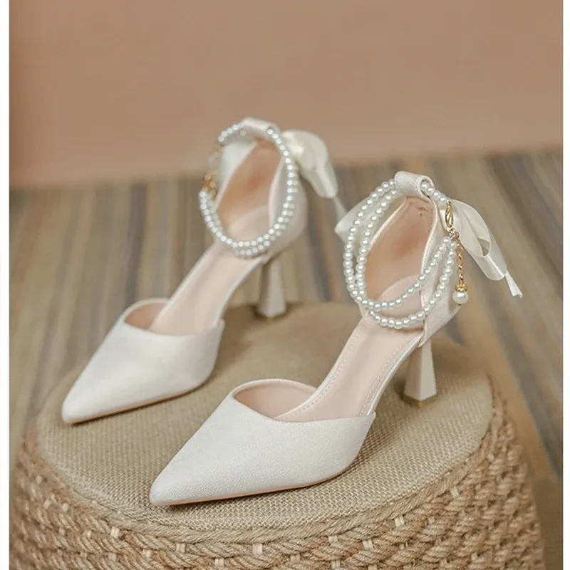 Elegant Pearl Embellished Satin Chunky High Heel Pumps with Adjustable Ankle Strap - Bridal Dress Work Shoes for Women