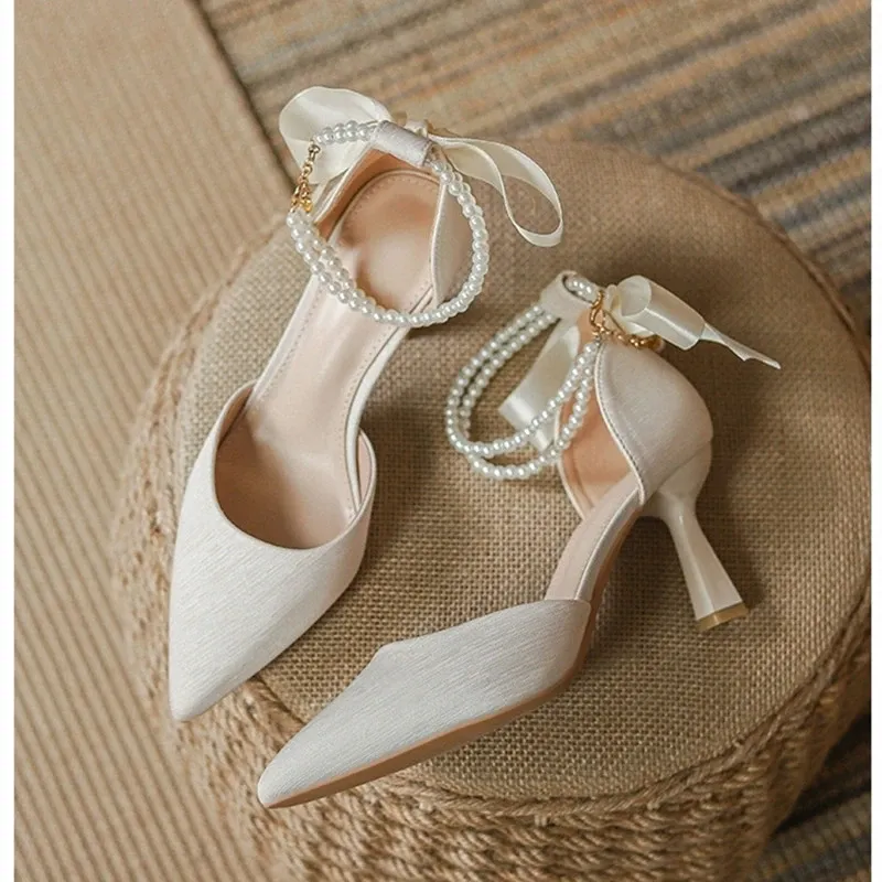 Elegant Pearl Embellished Satin Chunky High Heel Pumps with Adjustable Ankle Strap - Bridal Dress Work Shoes for Women - Image 2