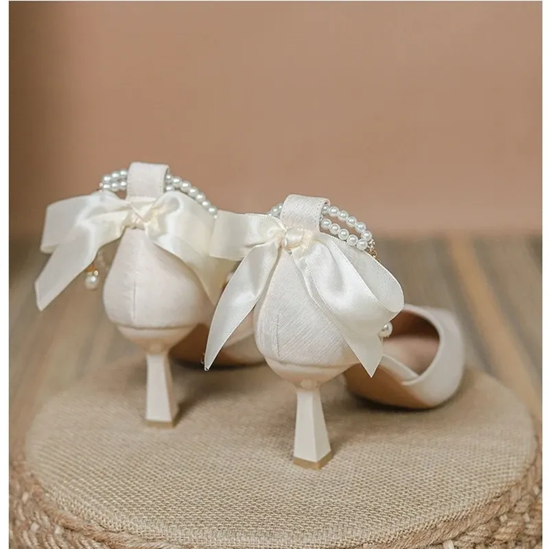 Elegant Pearl Embellished Satin Chunky High Heel Pumps with Adjustable Ankle Strap - Bridal Dress Work Shoes for Women - Image 5