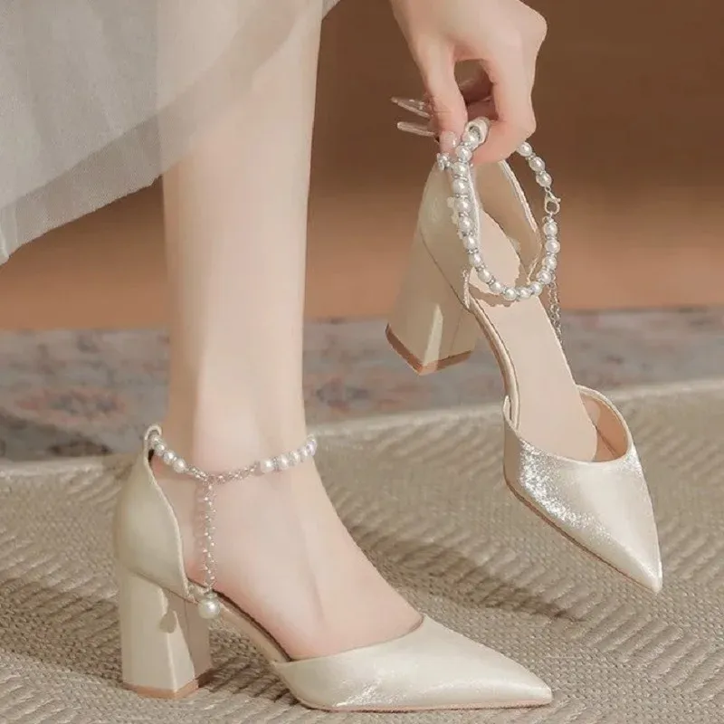 Elegant Pearl Embellished Satin Bridal Heels - 5cm Chunky Low Block Heel Wedding Shoes with Adjustable Ankle Strap for Women