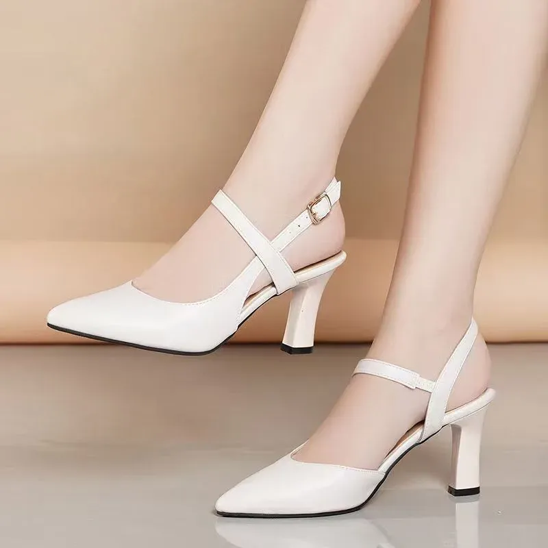 Women's Nude Pointy Toe Block Heel Pumps - Comfortable Business Casual Shoes with Adjustable Strap