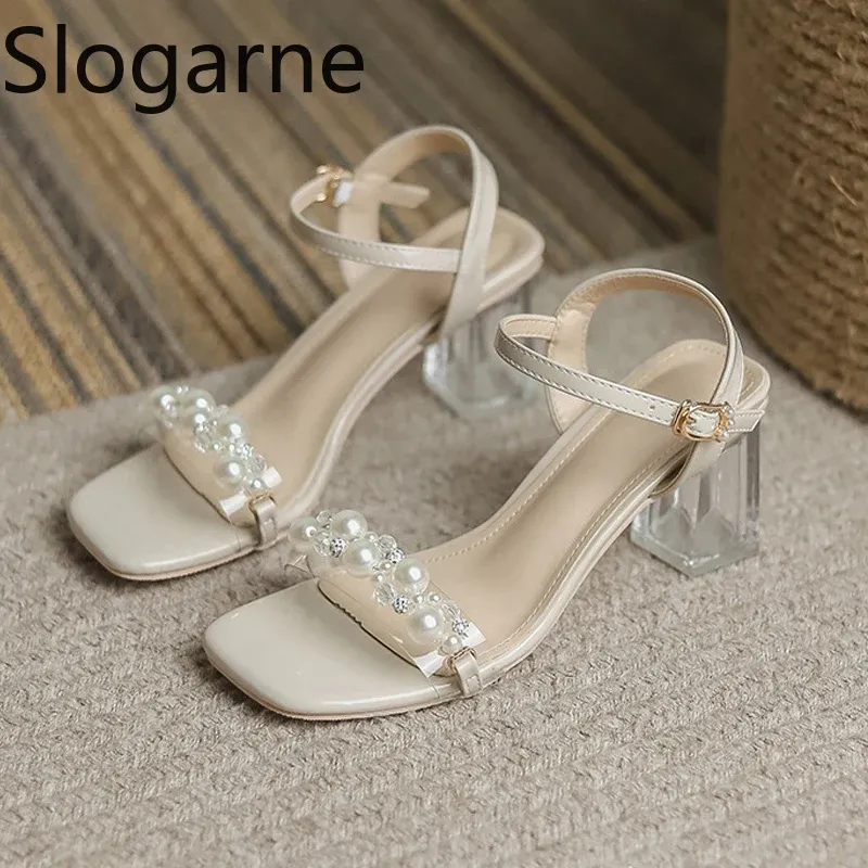Women's Summer Fashion Sandals with Pearl High Heels & Crystal Slides - Trendy Transparent Slippers for Girls, 2026 Style
