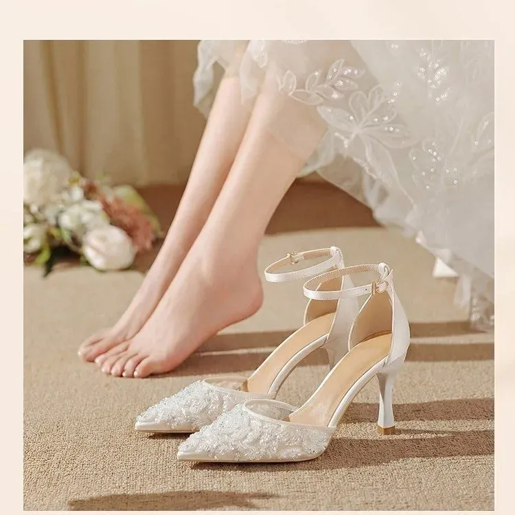 Women's Crystal Toe Sandals 2026: Sexy Rhinestone Strap Pointed High Heels for Nightclubs & Weddings - Elegant White Single Shoes