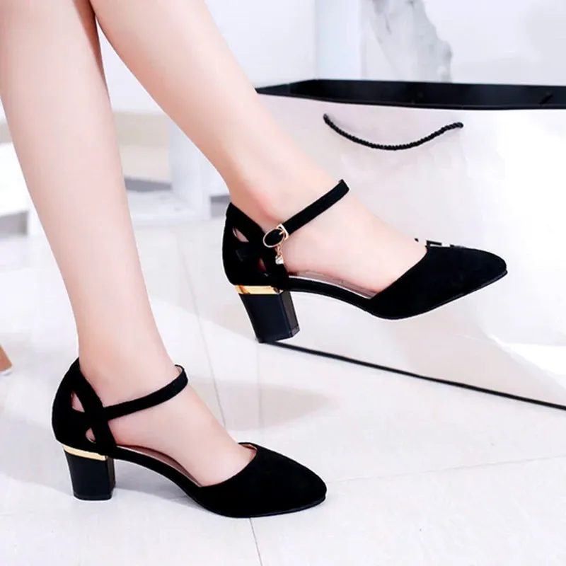 Women's Square Heel Pumps with Buckle Strap - Stylish Pink & Black Comfort Office Shoes for Ladies thumbnail 6