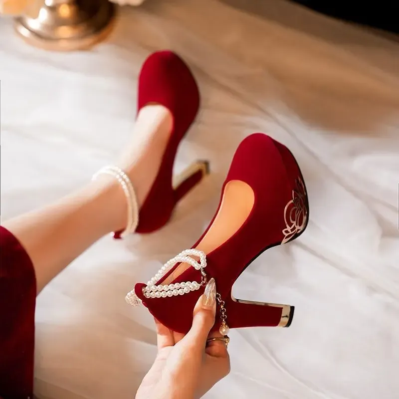 French Vintage Red Velvet High Heels for Women - Buckle Strap Round Toe Thick Heel Breathable Non-Slip Evening Party Shoes showcase 1