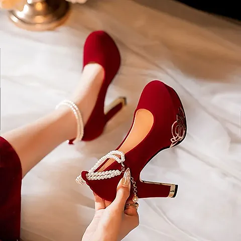 French Vintage Red Velvet High Heels for Women - Buckle Strap Round Toe Thick Heel Breathable Non-Slip Evening Party Shoes