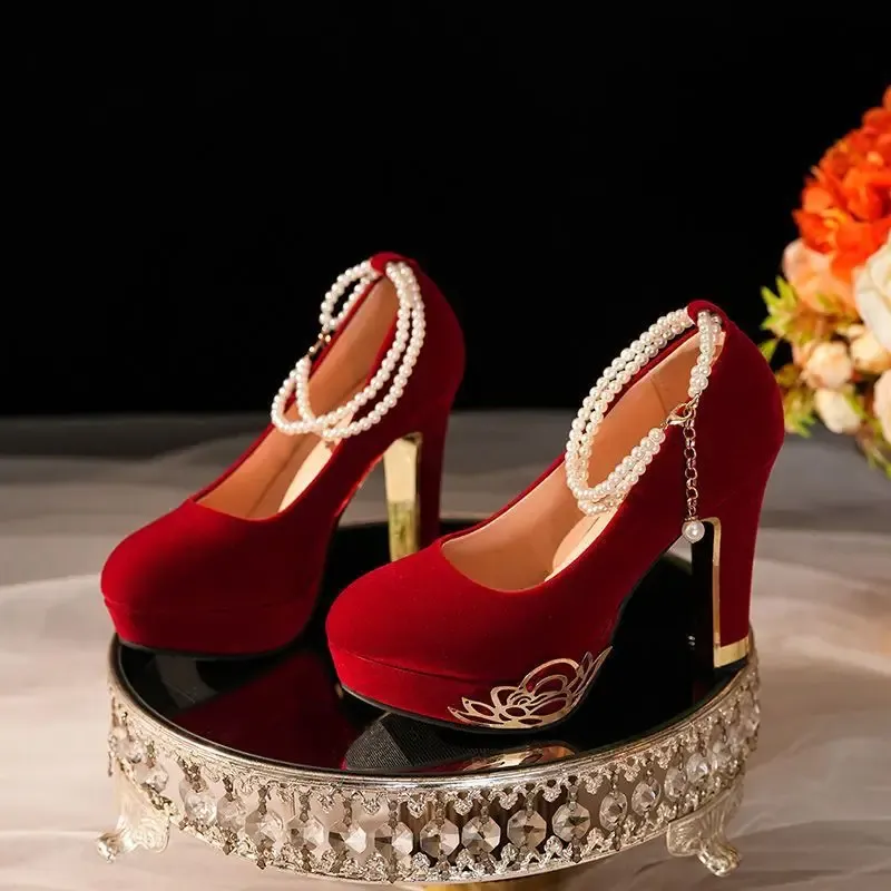French Vintage Red Velvet High Heels for Women - Buckle Strap Round Toe Thick Heel Breathable Non-Slip Evening Party Shoes showcase 4