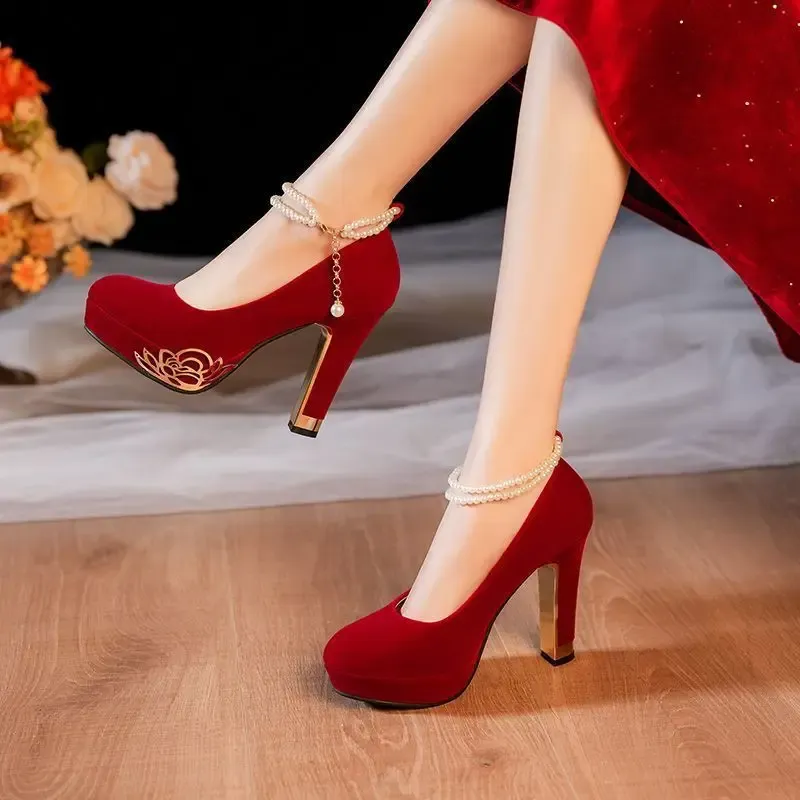 French Vintage Red Velvet High Heels for Women - Buckle Strap Round Toe Thick Heel Breathable Non-Slip Evening Party Shoes showcase 3