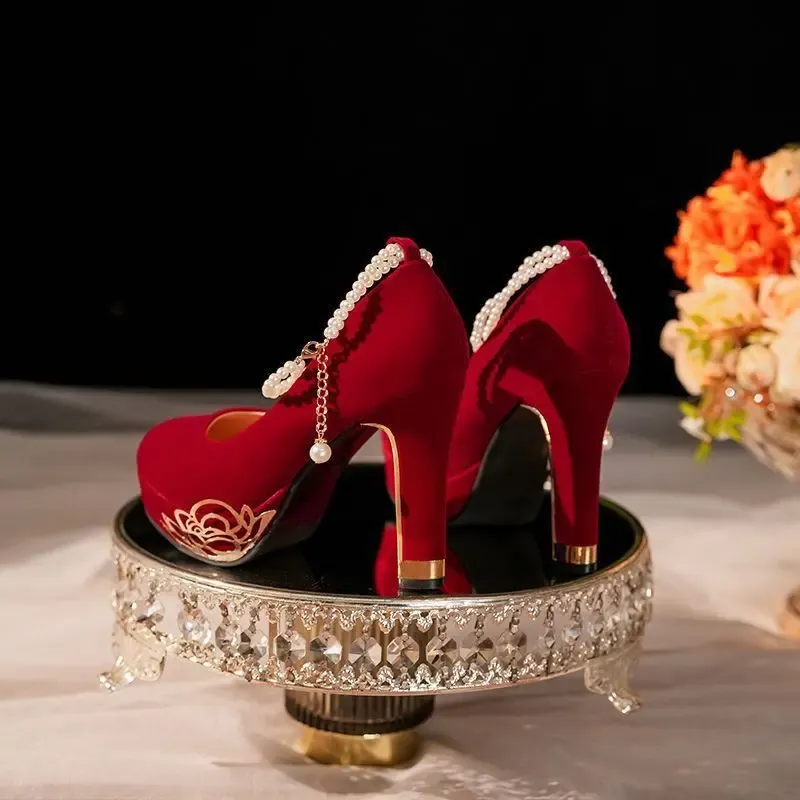 French Vintage Red Velvet High Heels for Women - Buckle Strap Round Toe Thick Heel Breathable Non-Slip Evening Party Shoes showcase 2
