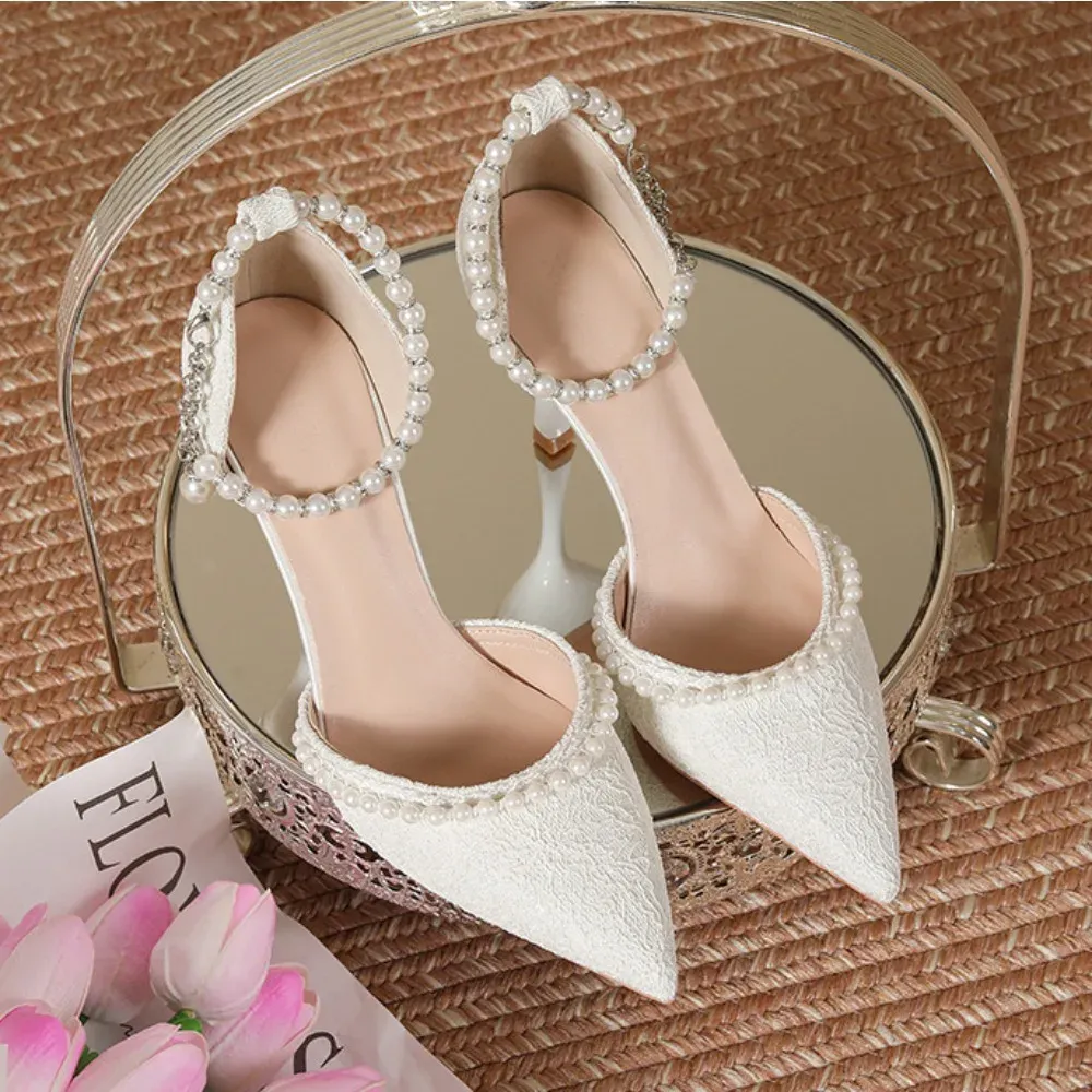 Elegant White Pearl Bridal High Heels for Women, Thin Stiletto Heel Pointed Toe Sandals with Lace Surface, Stylish Wedding Shoes thumbnail 1