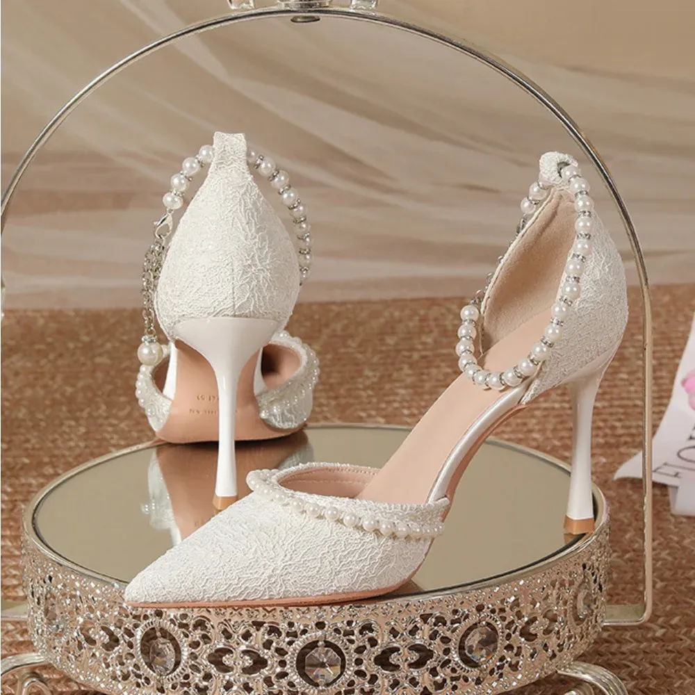 Elegant White Pearl Bridal High Heels for Women, Thin Stiletto Heel Pointed Toe Sandals with Lace Surface, Stylish Wedding Shoes thumbnail 3
