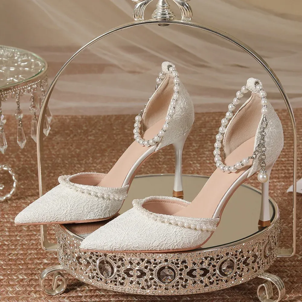 Elegant White Pearl Bridal High Heels for Women, Thin Stiletto Heel Pointed Toe Sandals with Lace Surface, Stylish Wedding Shoes thumbnail 2