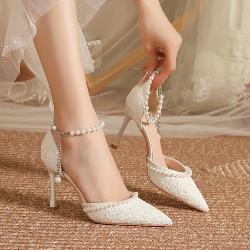 Elegant White Pearl Bridal High Heels for Women, Thin Stiletto Heel Pointed Toe Sandals with Lace Surface, Stylish Wedding Shoes thumbnail 6