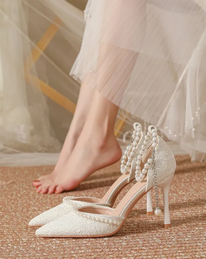Elegant White Pearl Bridal High Heels for Women, Thin Stiletto Heel Pointed Toe Sandals with Lace Surface, Stylish Wedding Shoes showcase 2