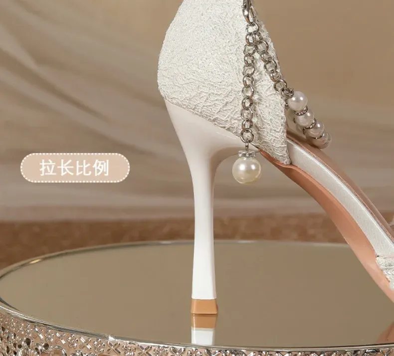 Elegant White Pearl Bridal High Heels for Women, Thin Stiletto Heel Pointed Toe Sandals with Lace Surface, Stylish Wedding Shoes showcase 5
