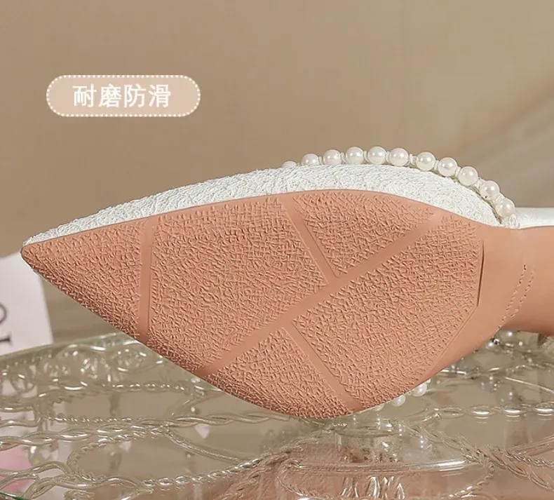 Elegant White Pearl Bridal High Heels for Women, Thin Stiletto Heel Pointed Toe Sandals with Lace Surface, Stylish Wedding Shoes showcase 6