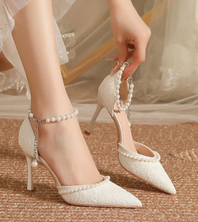 Elegant White Pearl Bridal High Heels for Women, Thin Stiletto Heel Pointed Toe Sandals with Lace Surface, Stylish Wedding Shoes showcase 7