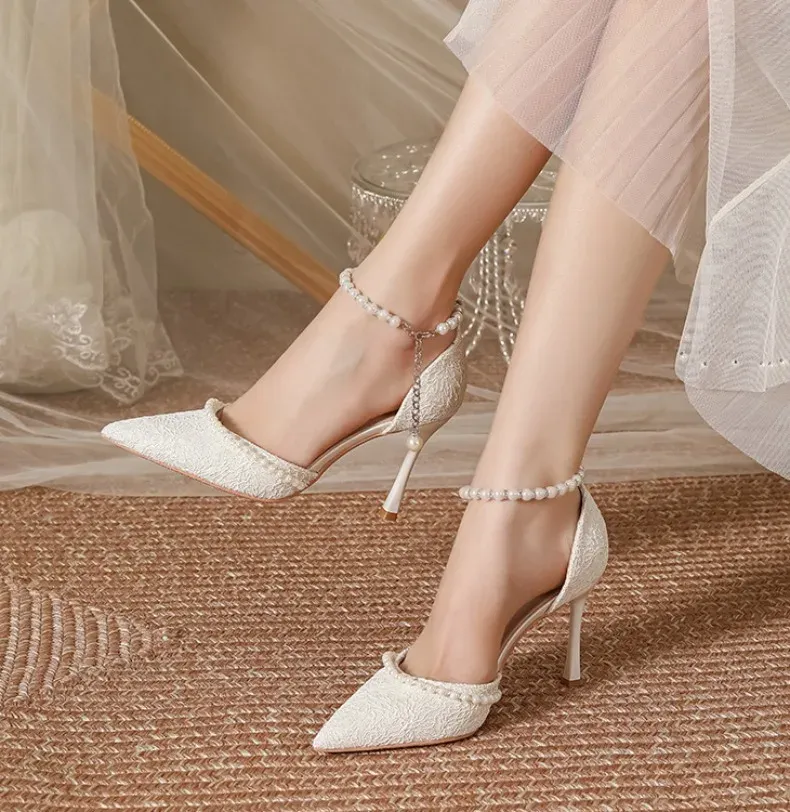 Elegant White Pearl Bridal High Heels for Women, Thin Stiletto Heel Pointed Toe Sandals with Lace Surface, Stylish Wedding Shoes showcase 8