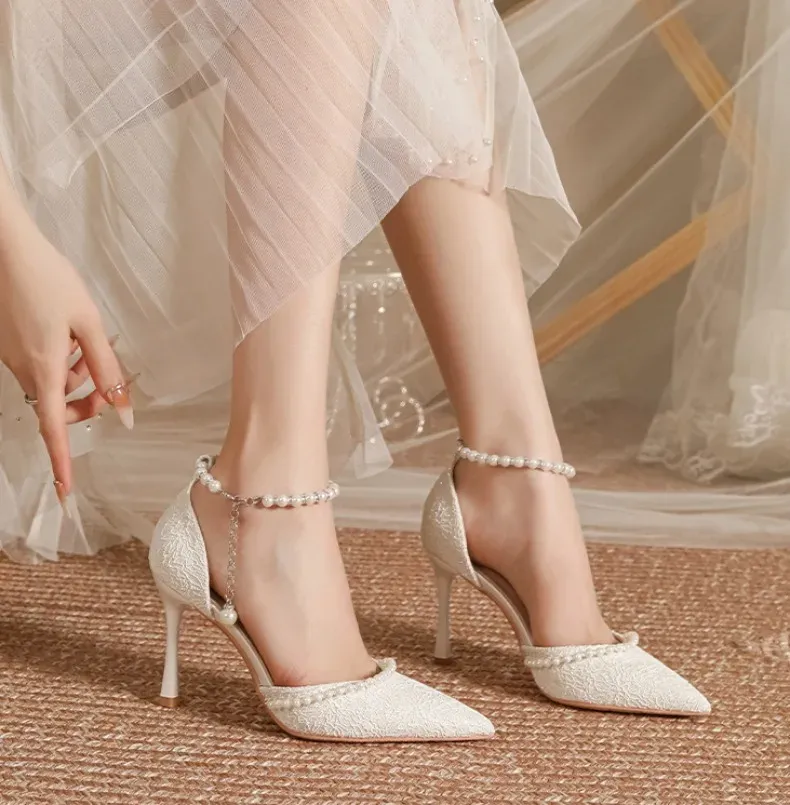 Elegant White Pearl Bridal High Heels for Women, Thin Stiletto Heel Pointed Toe Sandals with Lace Surface, Stylish Wedding Shoes showcase 9