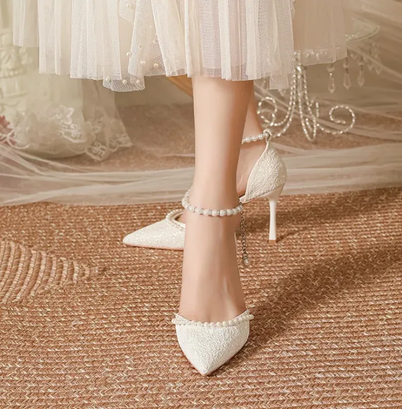 Elegant White Pearl Bridal High Heels for Women, Thin Stiletto Heel Pointed Toe Sandals with Lace Surface, Stylish Wedding Shoes showcase 10