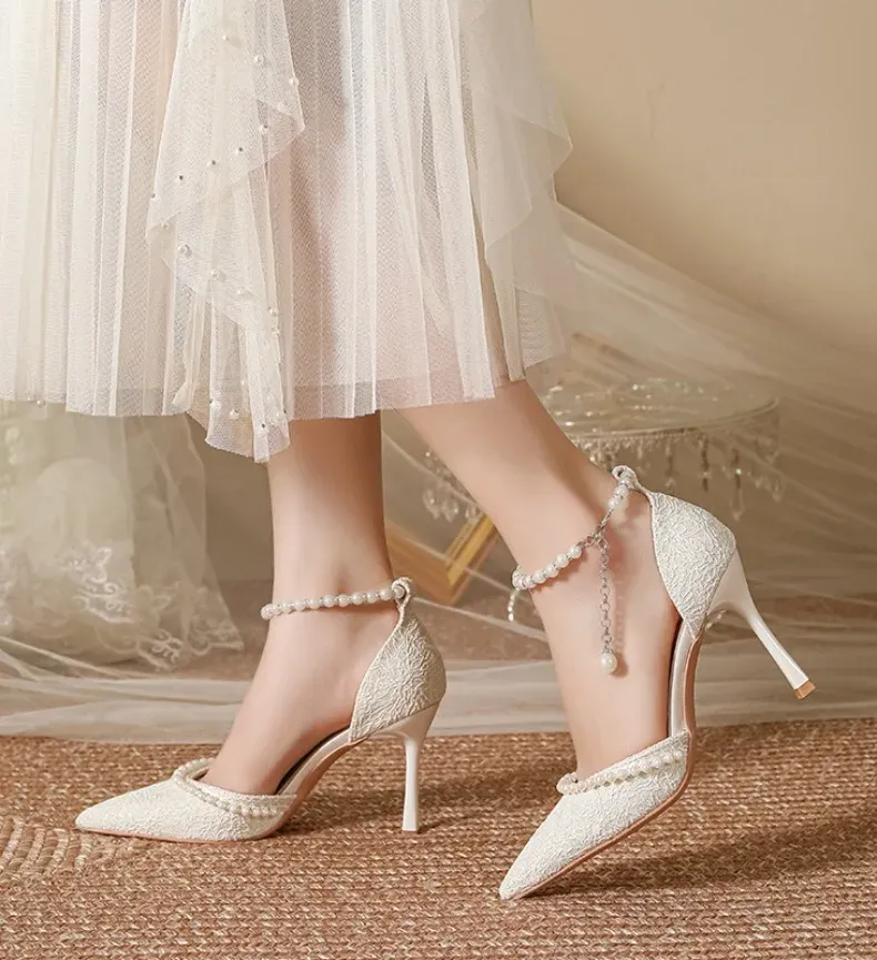 Elegant White Pearl Bridal High Heels for Women, Thin Stiletto Heel Pointed Toe Sandals with Lace Surface, Stylish Wedding Shoes showcase 11
