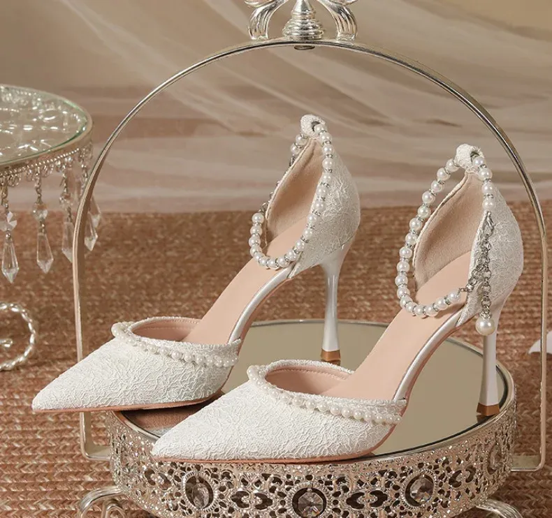 Elegant White Pearl Bridal High Heels for Women, Thin Stiletto Heel Pointed Toe Sandals with Lace Surface, Stylish Wedding Shoes showcase 12