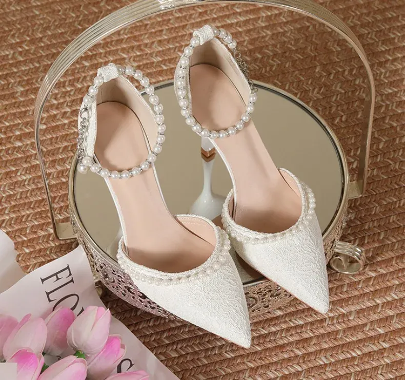 Elegant White Pearl Bridal High Heels for Women, Thin Stiletto Heel Pointed Toe Sandals with Lace Surface, Stylish Wedding Shoes showcase 13
