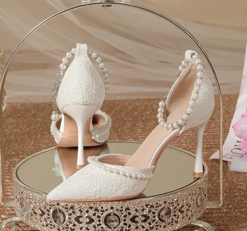 Elegant White Pearl Bridal High Heels for Women, Thin Stiletto Heel Pointed Toe Sandals with Lace Surface, Stylish Wedding Shoes showcase 14