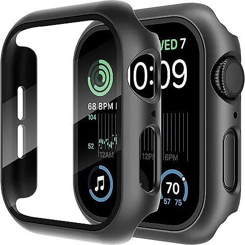 2-in-1 Apple Watch Case with Tempered Glass Screen Protector for Series 1-8 SE 38-45mm, Durable PC Bumper Cover for iWatch
