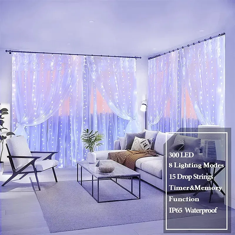 3M LED Curtain String Lights, 9.8x9.8ft Fairy Lights with 8 Modes & Timer, USB Powered Waterproof Garland Lamp for Home Garden Christmas Party Wedding Decorations showcase 3