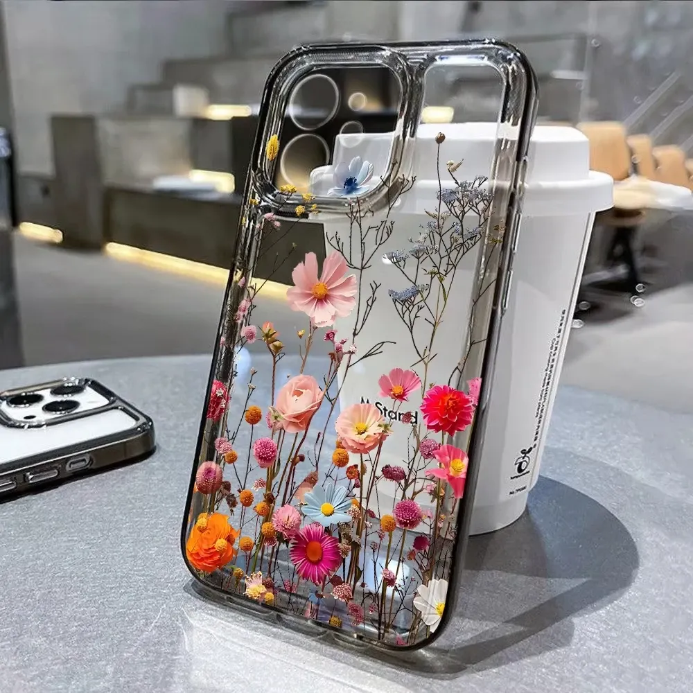 iPhone 16 Pro Max Case - Shockproof Transparent Silicone Soft Cover with Flower Design for iPhone 15, 14, 13, 12, 11, XR, X, XS, 8, 7 SE Models thumbnail 1