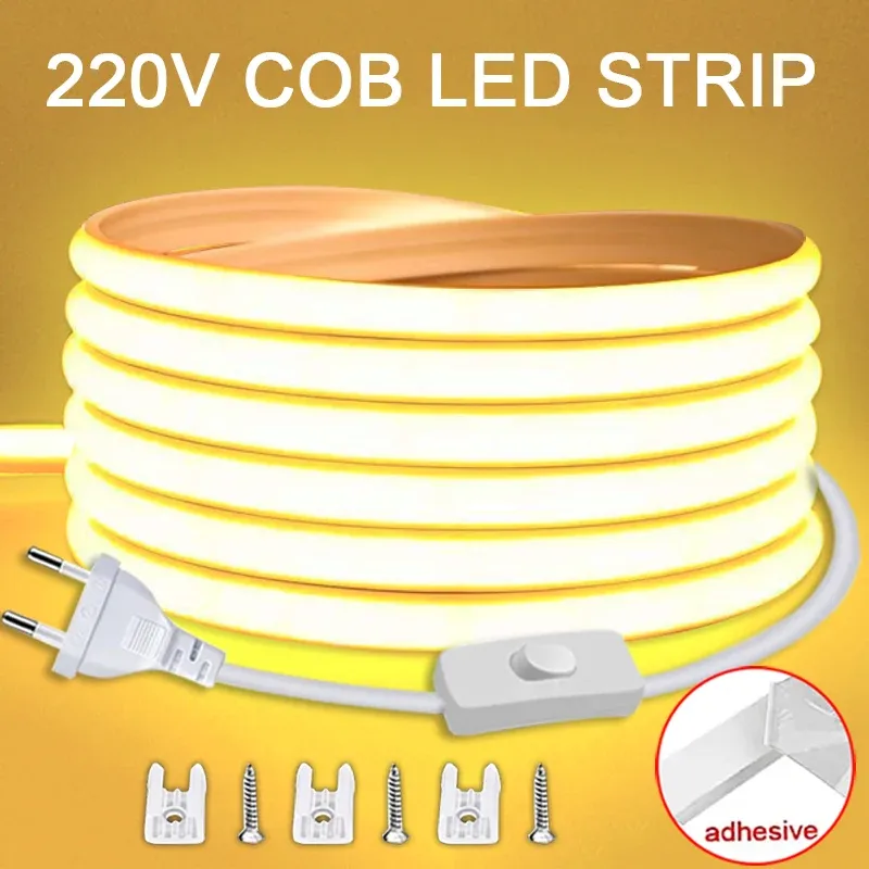 Waterproof COB LED Strip Light 220V with ON/OFF Switch, Flexible Ribbon for Indoor/Outdoor Room, Bedroom, Kitchen, Garden Lighting - 3000K/6000K thumbnail 1