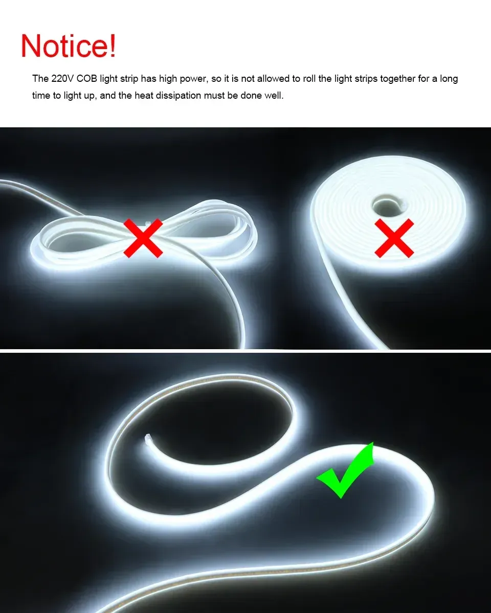 Waterproof COB LED Strip Light 220V with ON/OFF Switch, Flexible Ribbon for Indoor/Outdoor Room, Bedroom, Kitchen, Garden Lighting - 3000K/6000K showcase 1