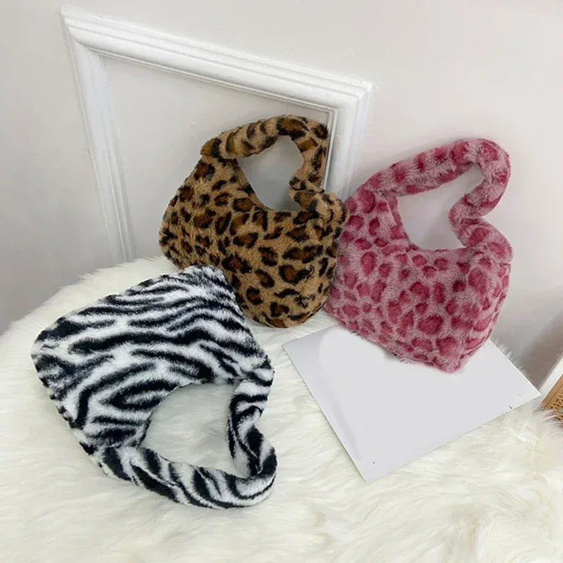 Y2k Retro Leopard Zebra Print Plush Underarm Bag for Women - Fluffy Small Tote Purse Handbag, Fashionable Shoulder Bag thumbnail 2