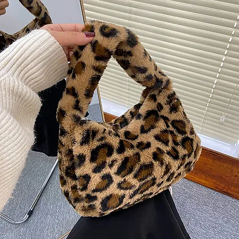 Y2k Retro Leopard Zebra Print Plush Underarm Bag for Women - Fluffy Small Tote Purse Handbag, Fashionable Shoulder Bag