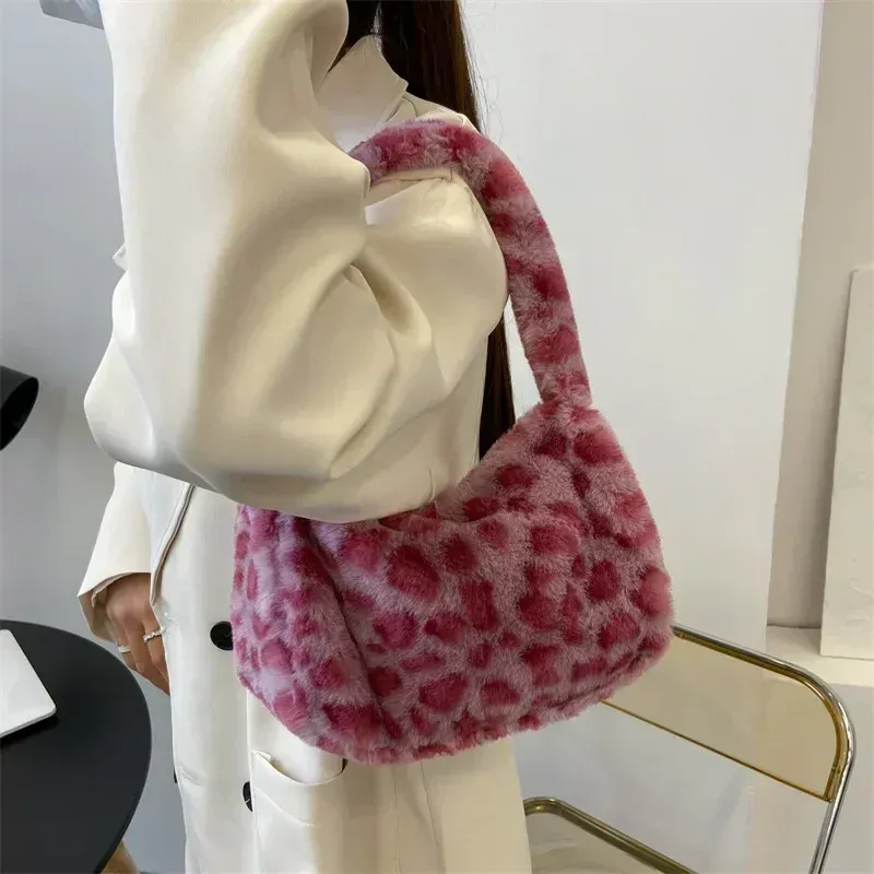 Y2k Retro Leopard Zebra Print Plush Underarm Bag for Women - Fluffy Small Tote Purse Handbag, Fashionable Shoulder Bag thumbnail 6