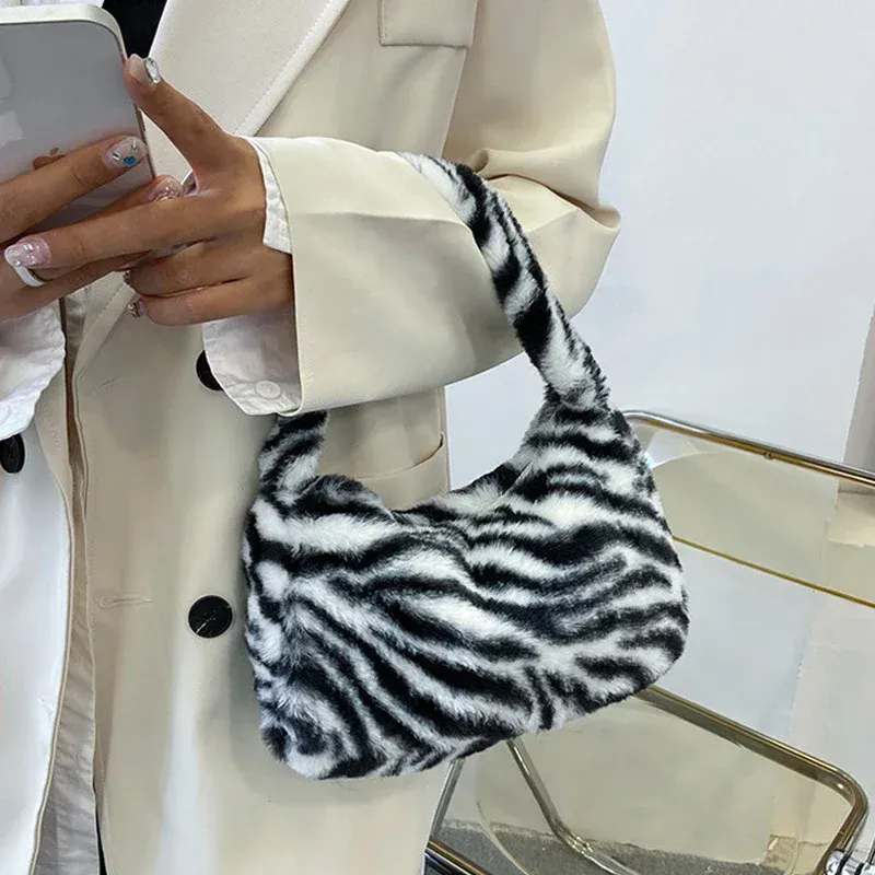 Y2k Retro Leopard Zebra Print Plush Underarm Bag for Women - Fluffy Small Tote Purse Handbag, Fashionable Shoulder Bag showcase 3