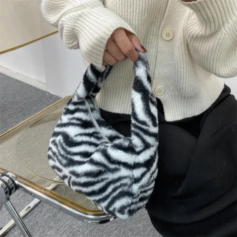Y2k Retro Leopard Zebra Print Plush Underarm Bag for Women - Fluffy Small Tote Purse Handbag, Fashionable Shoulder Bag showcase 4