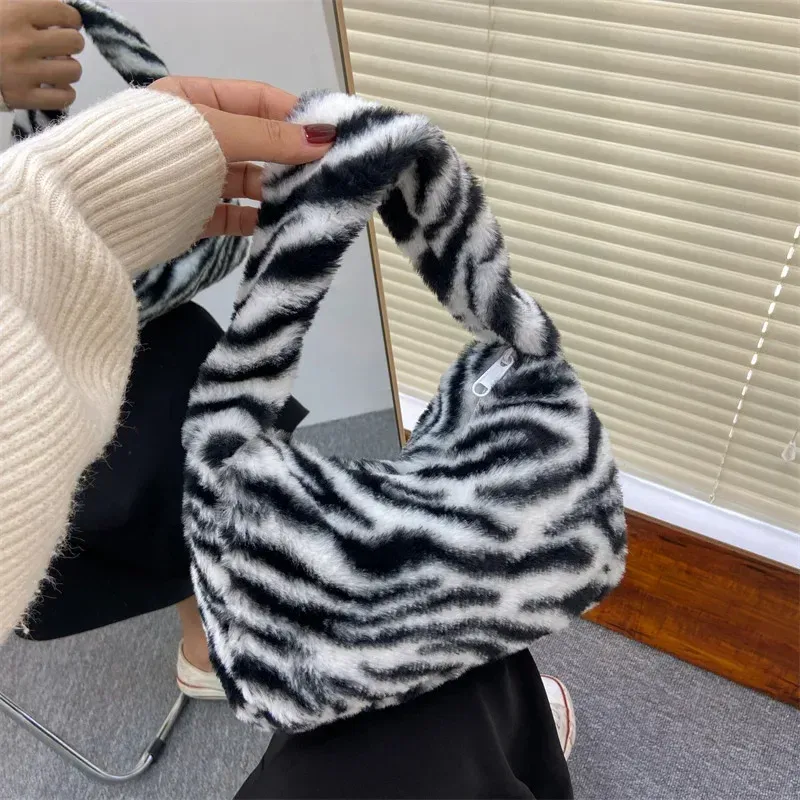 Y2k Retro Leopard Zebra Print Plush Underarm Bag for Women - Fluffy Small Tote Purse Handbag, Fashionable Shoulder Bag showcase 5