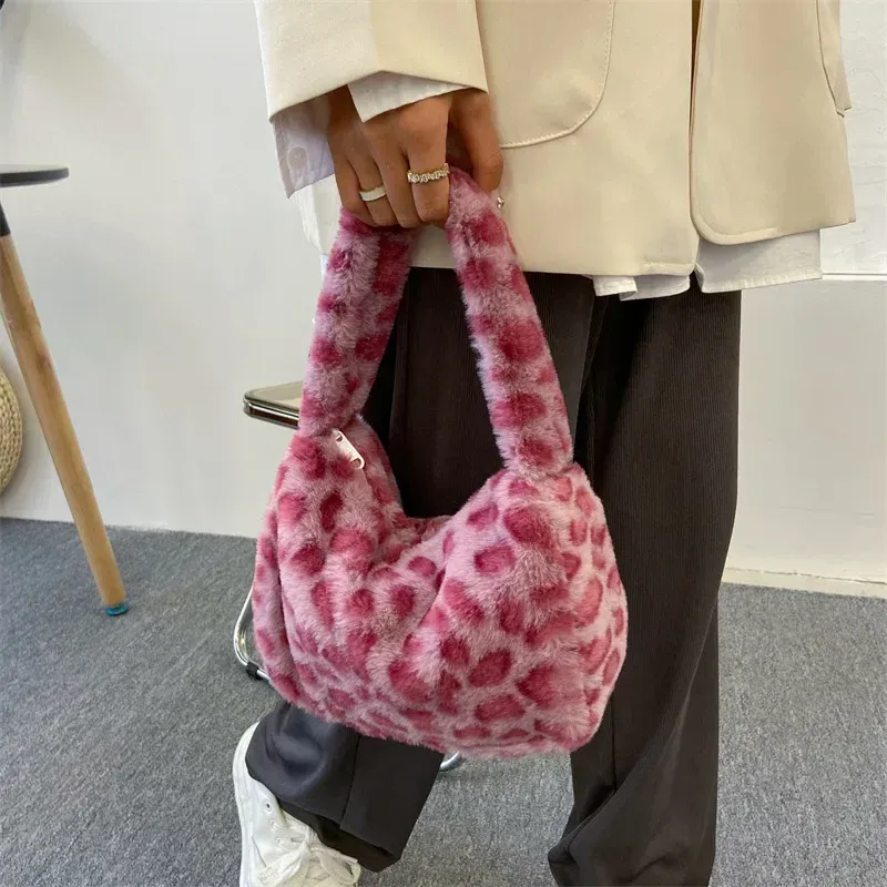 Y2k Retro Leopard Zebra Print Plush Underarm Bag for Women - Fluffy Small Tote Purse Handbag, Fashionable Shoulder Bag showcase 9