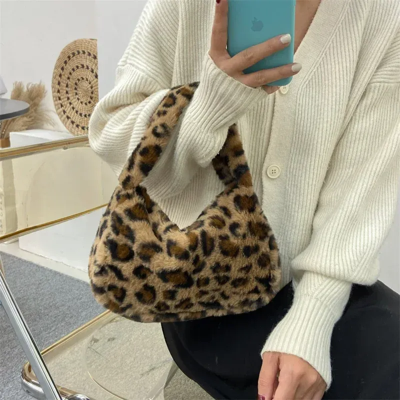 Y2k Retro Leopard Zebra Print Plush Underarm Bag for Women - Fluffy Small Tote Purse Handbag, Fashionable Shoulder Bag showcase 10