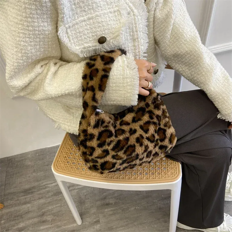 Y2k Retro Leopard Zebra Print Plush Underarm Bag for Women - Fluffy Small Tote Purse Handbag, Fashionable Shoulder Bag showcase 12