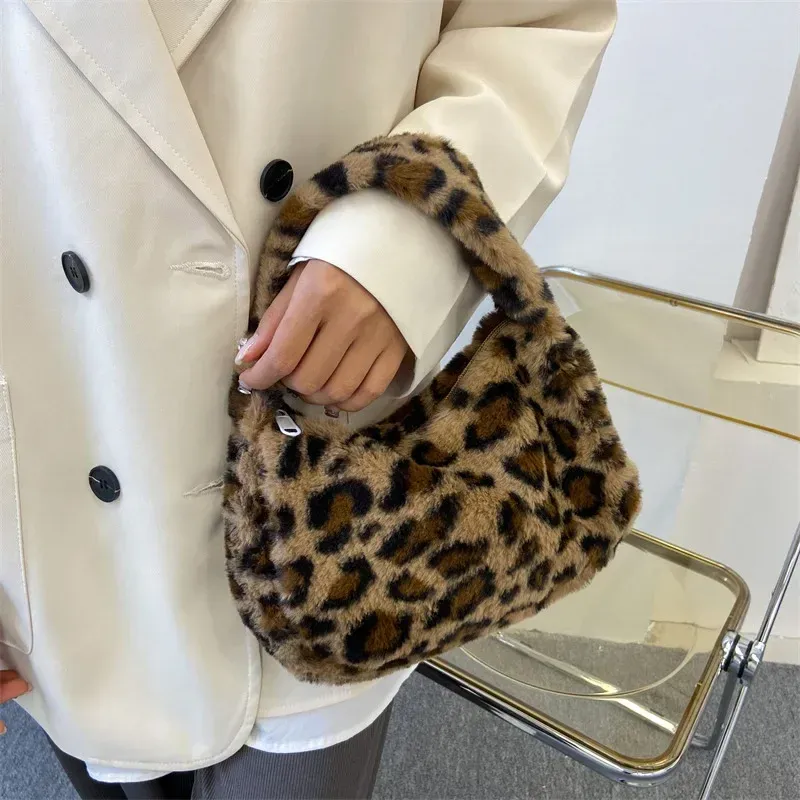 Y2k Retro Leopard Zebra Print Plush Underarm Bag for Women - Fluffy Small Tote Purse Handbag, Fashionable Shoulder Bag showcase 13