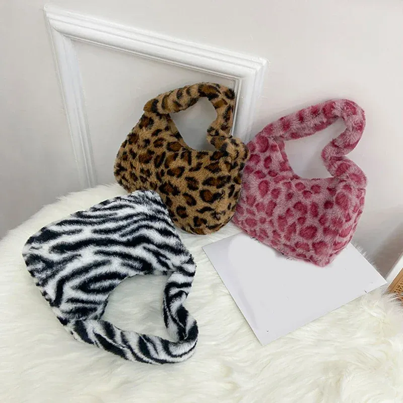 Y2k Retro Leopard Zebra Print Plush Underarm Bag for Women - Fluffy Small Tote Purse Handbag, Fashionable Shoulder Bag showcase 15
